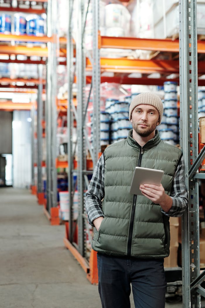 Man wearing beanie holds tablet in industrial warehouse setting.